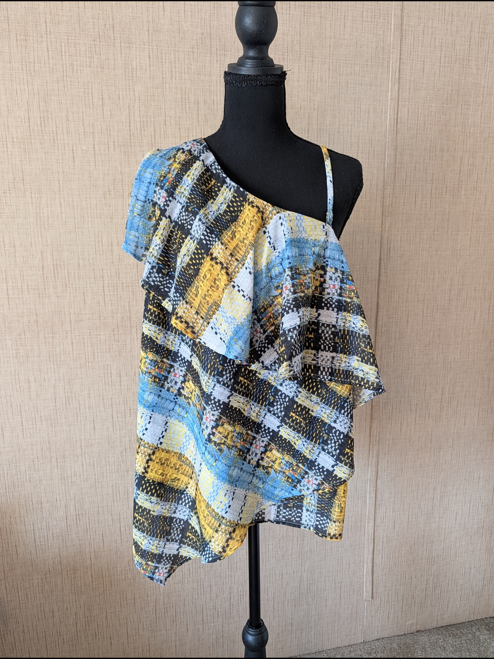 project RUNWAY One-Shoulder Ruffle Camisole in Blue, Yellow and Black Plaid
